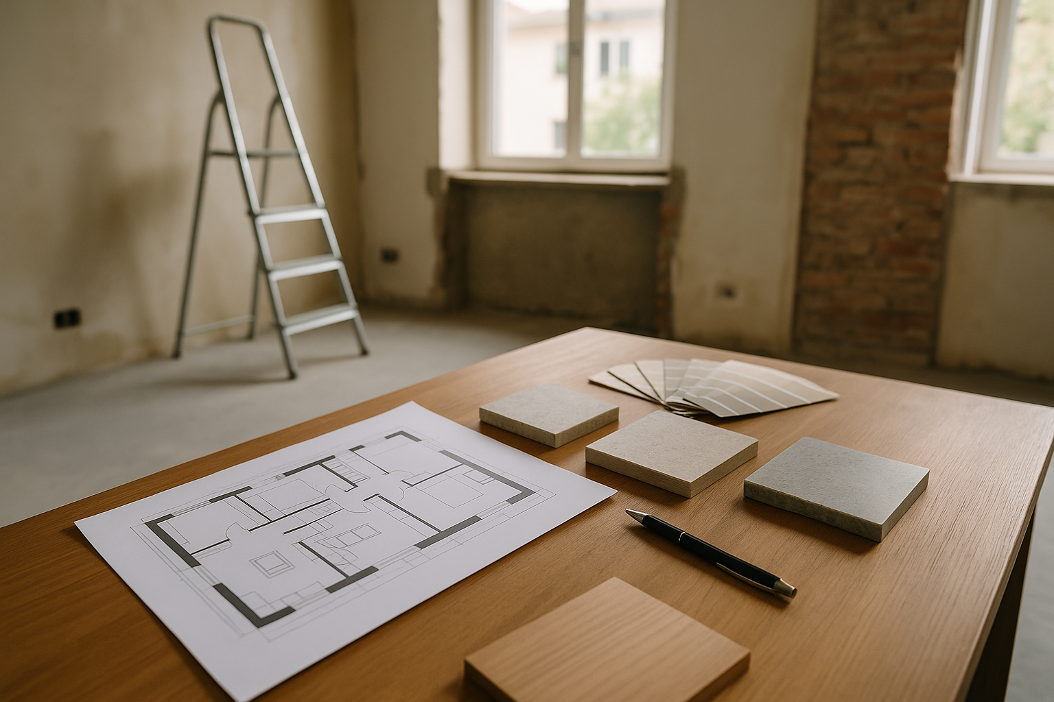 Tavolo con planimetrie e campioni materiali in un appartamento in ristrutturazione
