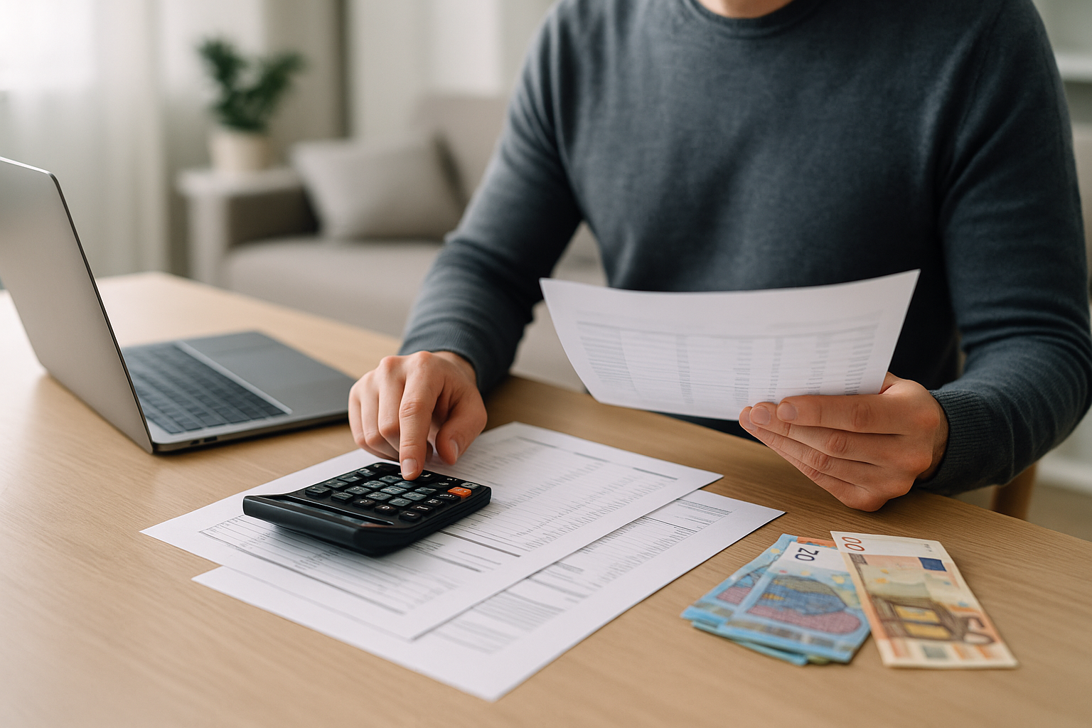 Persona che valuta un finanziamento confrontando rata mensile e costi su documenti e calcolatrice
